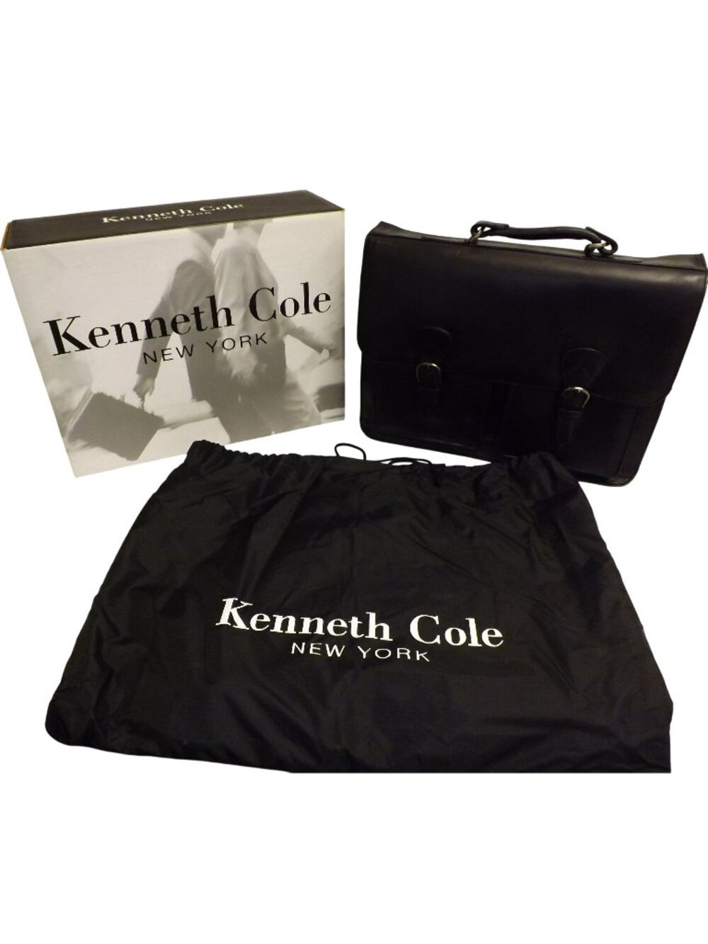 Kenneth Cole New York Black Gen Leather Laptop Briefcase W/ Dust Bag & Box New